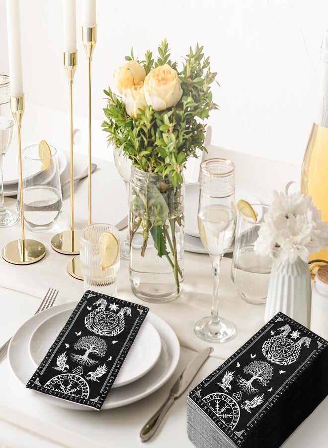 JarThenaAMCS مناديل جارثينا إيه إم سي إس السوداء، 100 قطعة، بتصميم شجرة الحياة الفايكنجية، وخوذة الغراب المهيبة، للاستخدام مرة واحدة، مناسبة للعشاء، ومناشف اليد، والمناديل الورقية، ولوازم المائدة لحفلات الأعياد. - Image 5